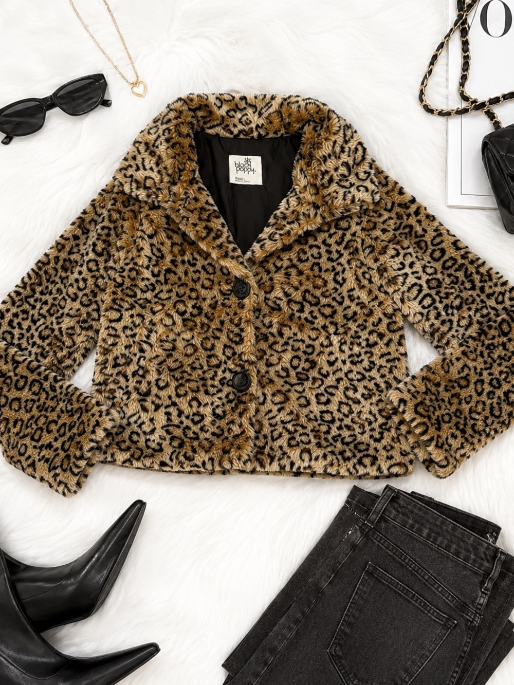 Black Poppy Leopard-Print Teddy Jacket in Brown and Black